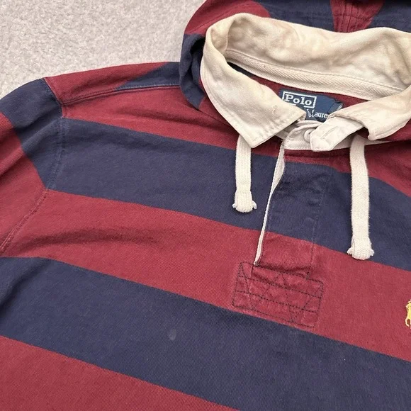 VTG Polo Ralph Lauren Rugby Hoodie Mens XL Red Blue Striped Collared Distressed - Picture 6 of 11